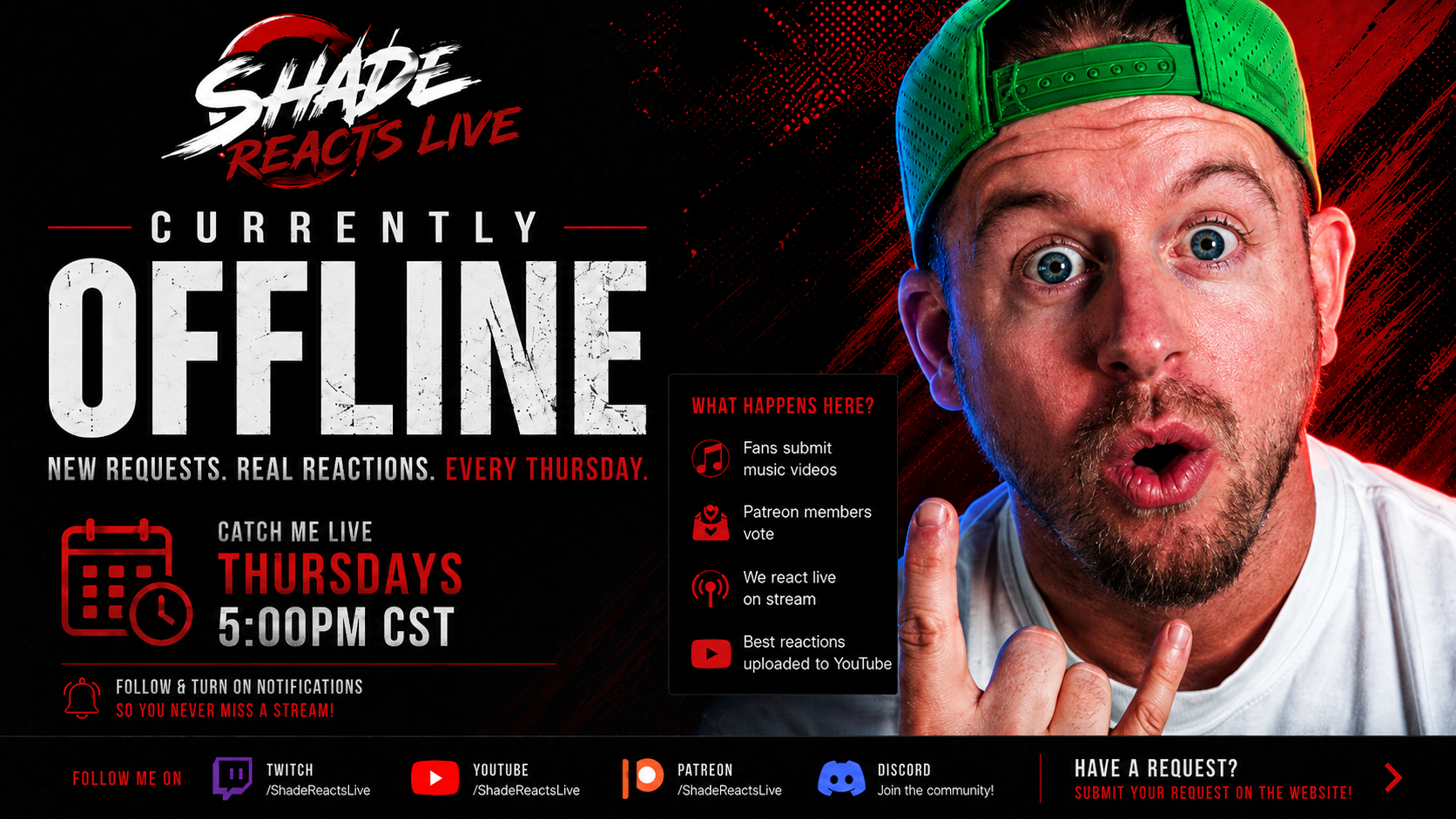 Shade Reacts Live is currently offline — streams Thursdays at 5:00 PM CST